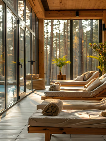 Luxurious Spa Retreat with Forest View and Poolside Loungersの素材