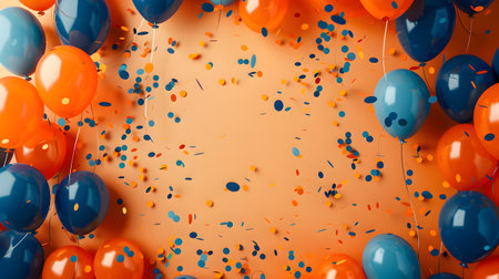Colorful orange and azure balloons with confetti on a light beige backgroundの素材