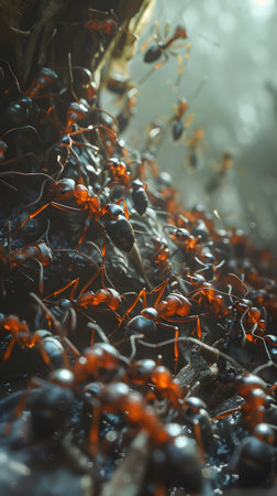 Close-up of Red Ants on a Tree Trunk in Their Natural Habitatの素材
