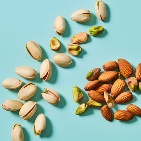 Assorted nuts from the cashew family on a blue surfaceの素材