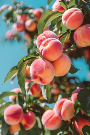 Fruitbearing tree with nectarines growing on woody branchesの素材