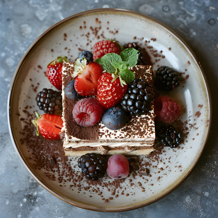 Dessert plate with cake slice, fresh berries a delicious treatの素材