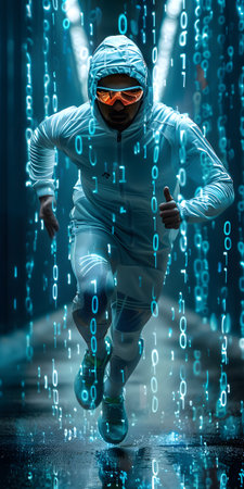 A man in a hoodie and goggles is cycling through a matrixの素材