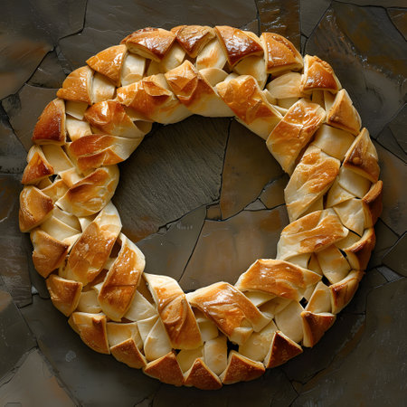 A bread wreath sits on the table as a food and natural material decorationの素材
