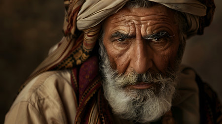 Elderly Man with Traditional Headwear and Deep Expressionの素材