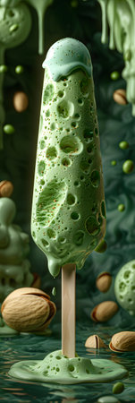 Closeup of green ice cream bar on stick with pistachiosの素材