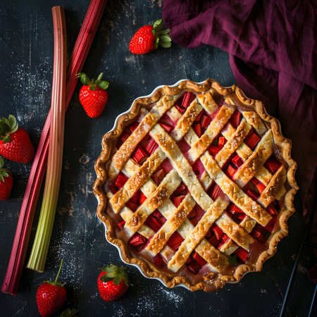 Strawberry Rhubarb Pie with Lattice Crust on Dark Backgroundの素材