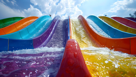 Water park with vibrant slides for leisure and recreation in an Azure landscapeの素材