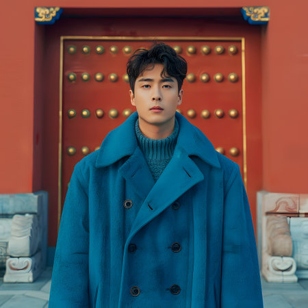 Man in electric blue overcoat standing happily by red doorの素材