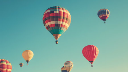 Hot air balloons in clear sky symbolize freedom and adventureの素材