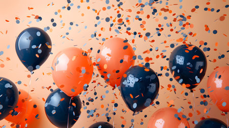 Electric blue balloons and orange confetti float in the air at the partyの素材