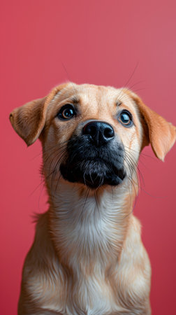 Fawn dog with whiskers and a smile gazes up at the camera on a red backgroundの素材