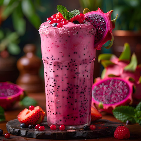 a pink smoothie with strawberries , blueberries and a dragon fruit slice on topの素材