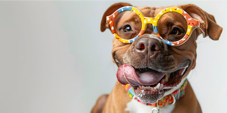 Fawncolored Dog with glasses and collar playfully sticking out its tongueの素材