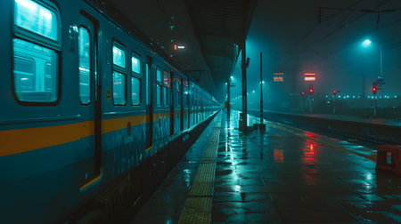 Night Train Station with Illuminated Platform in Rainy Weatherの素材