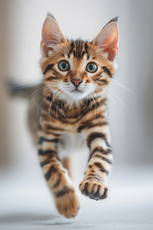 Domestic shorthaired cat jumping with whiskers and tail up, looking at cameraの素材