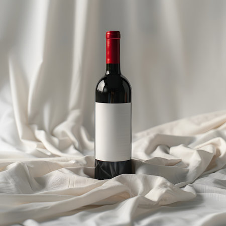 A glass bottle of red liquid with a white label on a bedの素材