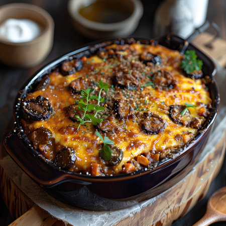 A savory casserole dish with meat and cheese on a wooden tableの素材