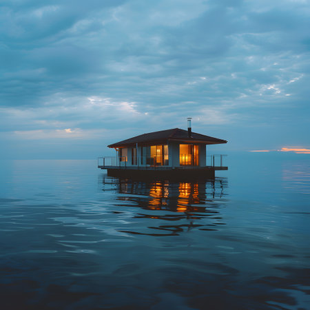 A house floats on the shimmering ocean under the dusk skyの素材