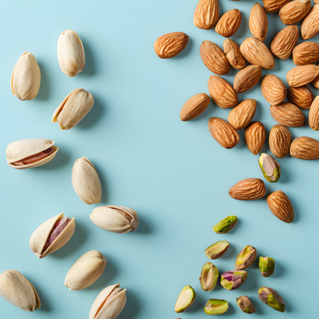 Pistachios and almonds, two popular nuts, displayed on a blue surfaceの素材