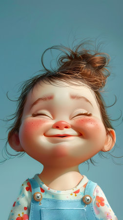 A girl with closed eyes, smiling, bun hair, happy gestureの素材