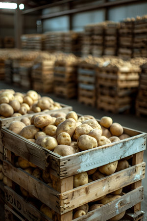 Crate of potatoes stacked in warehouse, ready for distributionの素材