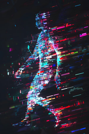 Abstract Digital Art with Neon Silhouettes and Dynamic Glitch Effectsの素材