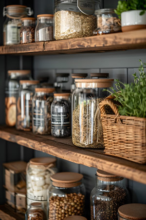 A kitchen hutch with shelves holds jars and baskets of foodの素材