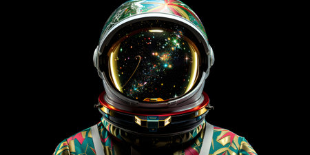a close up of an astronaut s helmet with a galaxy in itの素材