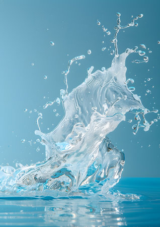 Dynamic Water Splash Captured in Mid-Air on Blue Backgroundの素材