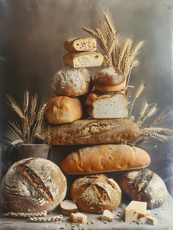 Stacked variety of breads staple food displayed on natural material servewareの素材