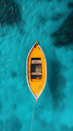 Aqua boat in azure water, a perfect triangle in the vast ocean landscapeの素材