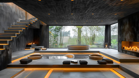 Modern Luxurious Living Room with Sunken Seating and Fireplaceの素材