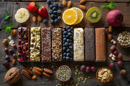 Wooden table displays array of fruits and nuts for natural foods cuisineの素材