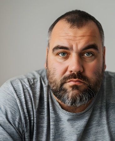 Man with facial hair in grey tshirt gazes at camera, no expressionの素材