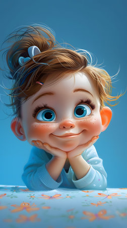 A cartoon girl is smiling with her hands on her cheeksの素材