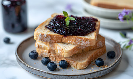 Fresh Toast with Blueberry Jam and Blueberries on a Plateの素材