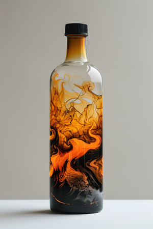 Glass bottle with smoke, likely containing an alcoholic beverage, sits on tableの素材