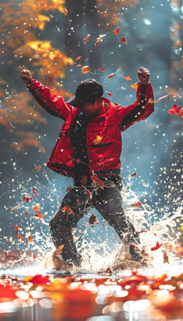 a man in a red jacket is standing in a puddle of water surrounded by leavesの素材