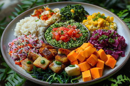 Plate of natural foods with vegetables and rice on tableの素材