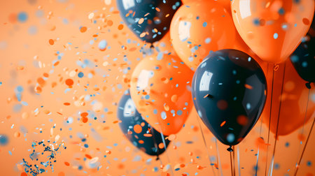 Orange balloons and confetti on an orange backgroundの素材