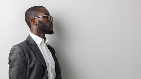 A man in a dress shirt, glasses, and beard is standing in front of a white wallの素材