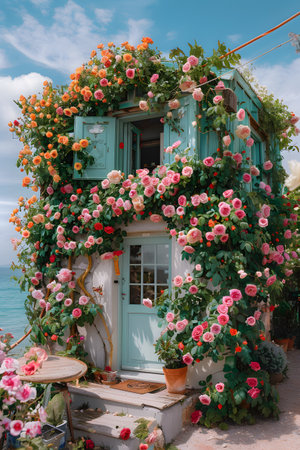 Charming Cottage with Blossoming Flowers by the Seaの素材
