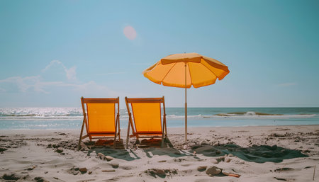 Two chairs, an umbrella on beach by water, under skyの素材