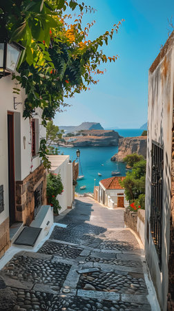 Staircase to ocean from narrow street, amidst sky, building and plantsの素材