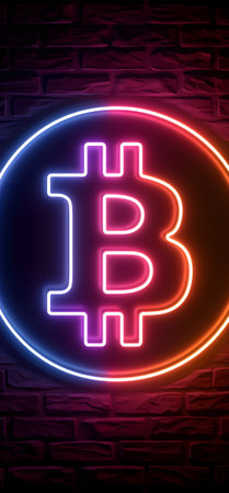 Neon Bitcoin Symbol Against Dark Brick Wall Backgroundの素材