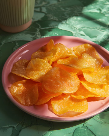 Pink plate with potato chips on green table, a staple foodの素材