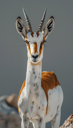 a brown and white gazelle with horns is standing on a rock and looking at the cameraの素材