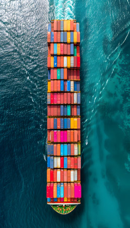 A birdseye view of a massive container ship on the electric blue oceanの素材