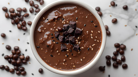 Brown liquid dessert with chocolate chips and sesame seedsの素材